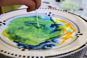 Green and Yellow Milk Swirl Painting